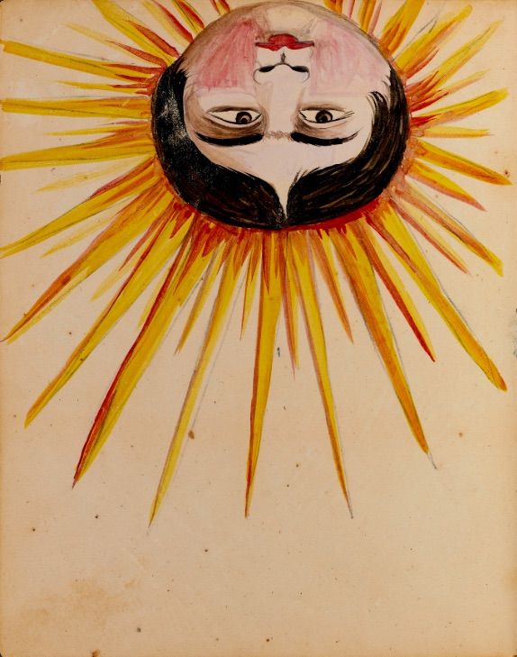 Vintage illustration of a sun with a human face at its center, surrounded by radiating rays.