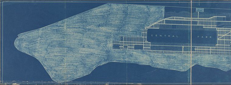 Vintage blueprint map of Central Park in New York City, rendered in faded cyan-blue.