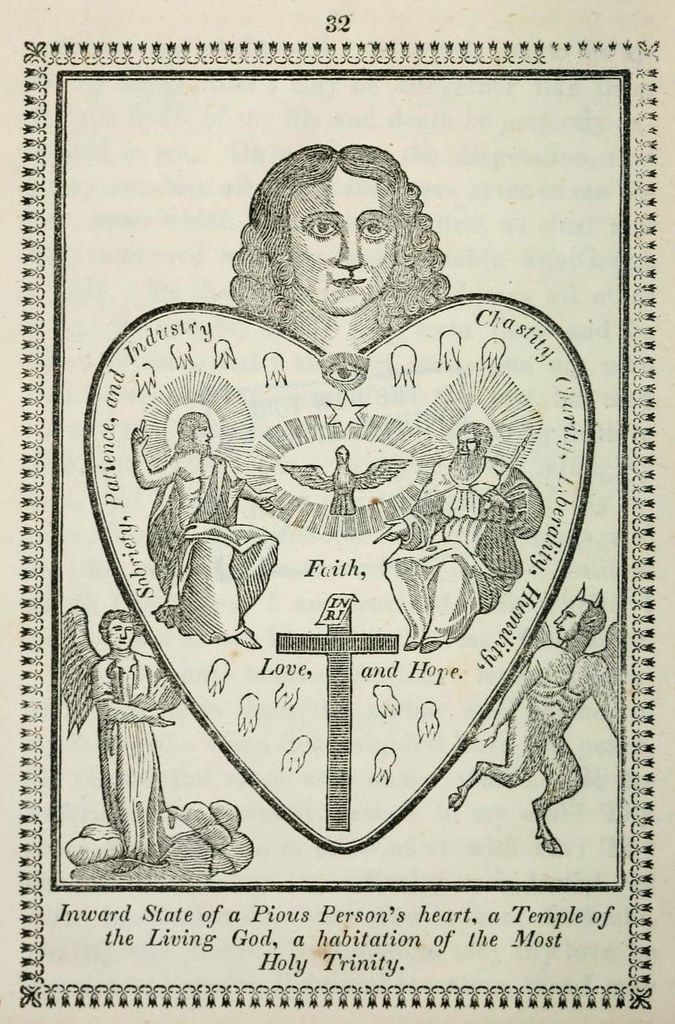 A black and white illustration of a heart containing a face, angels, a dove, and a cross, with text surrounding it and a decorative border.