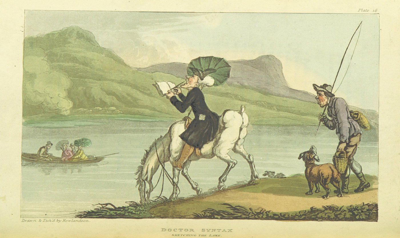 A hand-colored etching titled "Doctor Syntax Sketching the Lake". The scene depicts a whimsical landscape with a lake, mountains in the background, and a grassy shoreline. Doctor Syntax is riding a white horse and sketching the landscape.