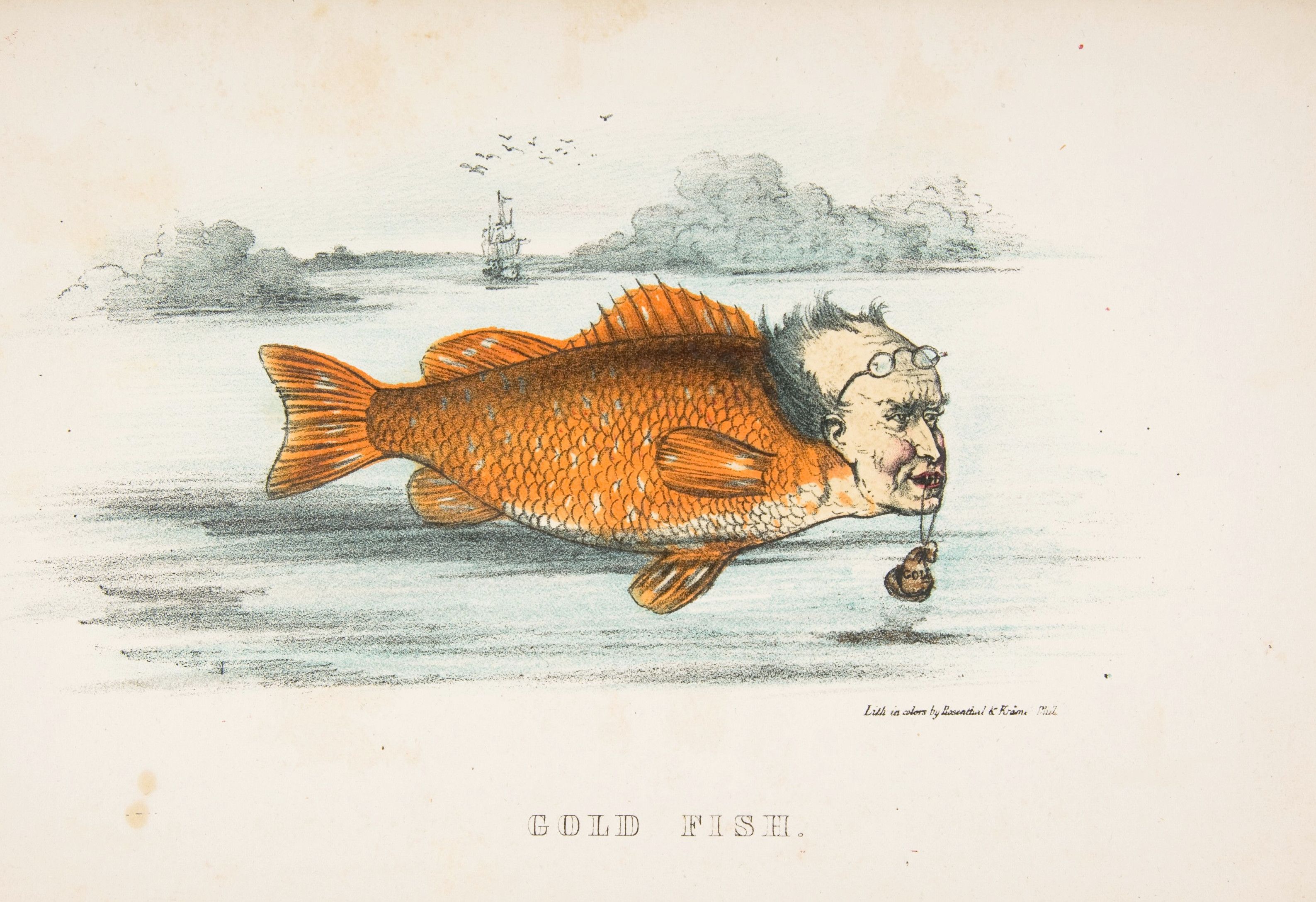 A whimsical illustration of a fish with a human head, set against a seascape.
