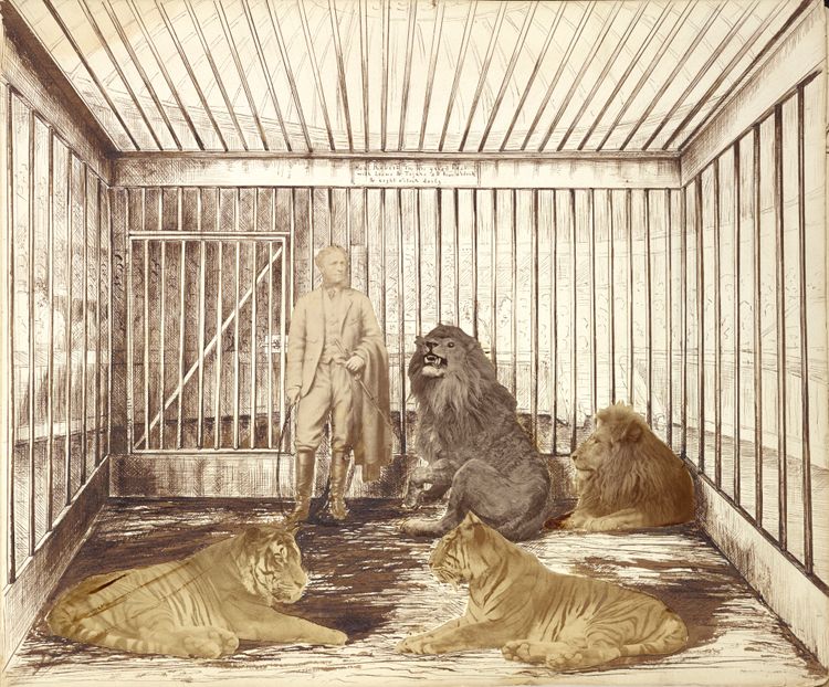 Sepia-toned image of a man standing in a cage with lions and tigers.