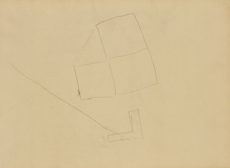 Minimalist sketch of a building plan with geometric shapes and lines on a warm yellow background.