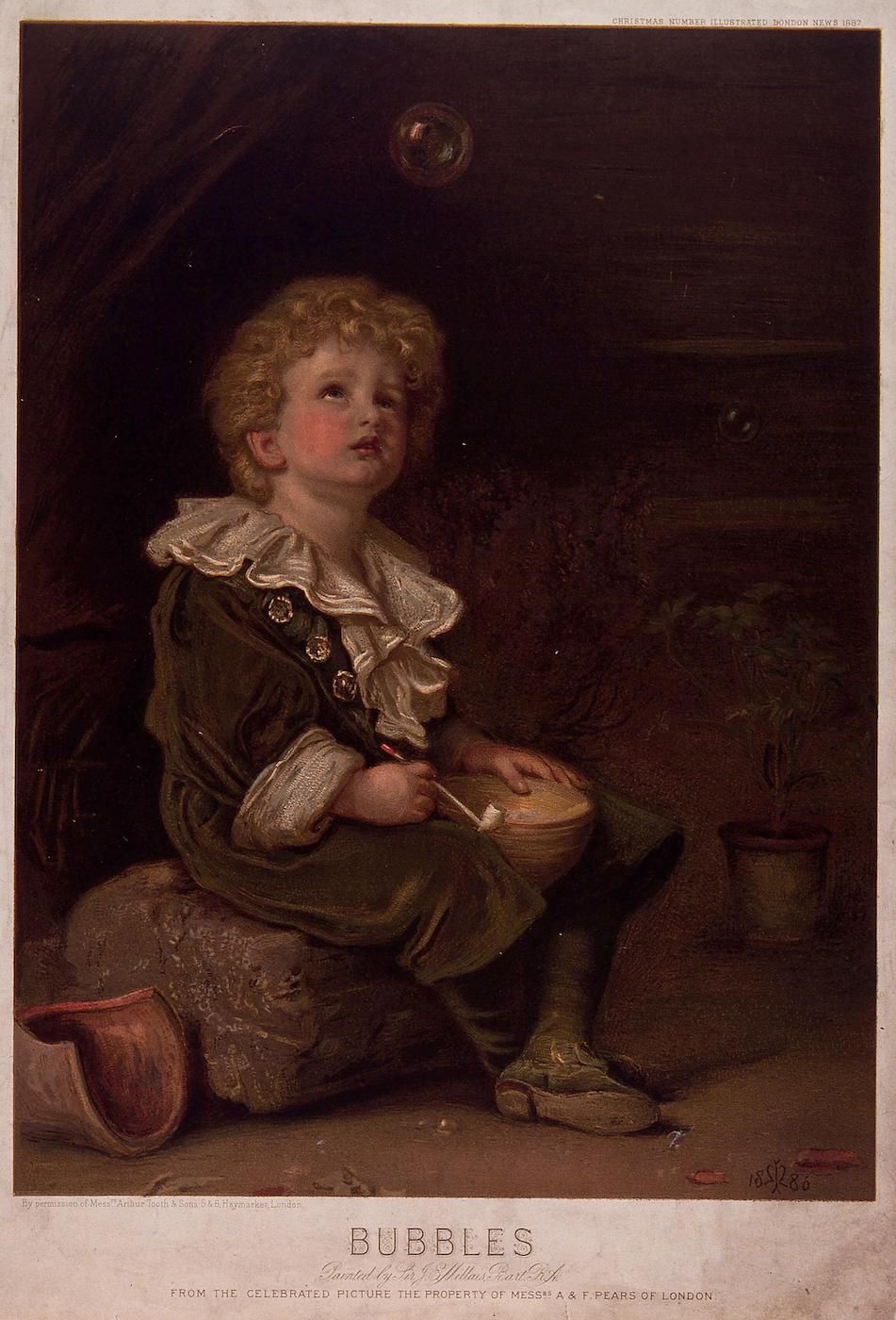A vintage print of a painting titled 'Bubbles' by John Everett Millais, depicting a young boy blowing bubbles.