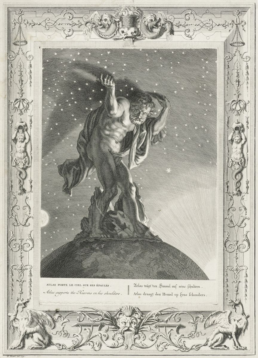 Engraving of Atlas supporting the celestial sphere.
