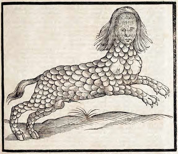 A black and white woodcut illustration of a scaled, human-headed creature standing on a small mound of earth.