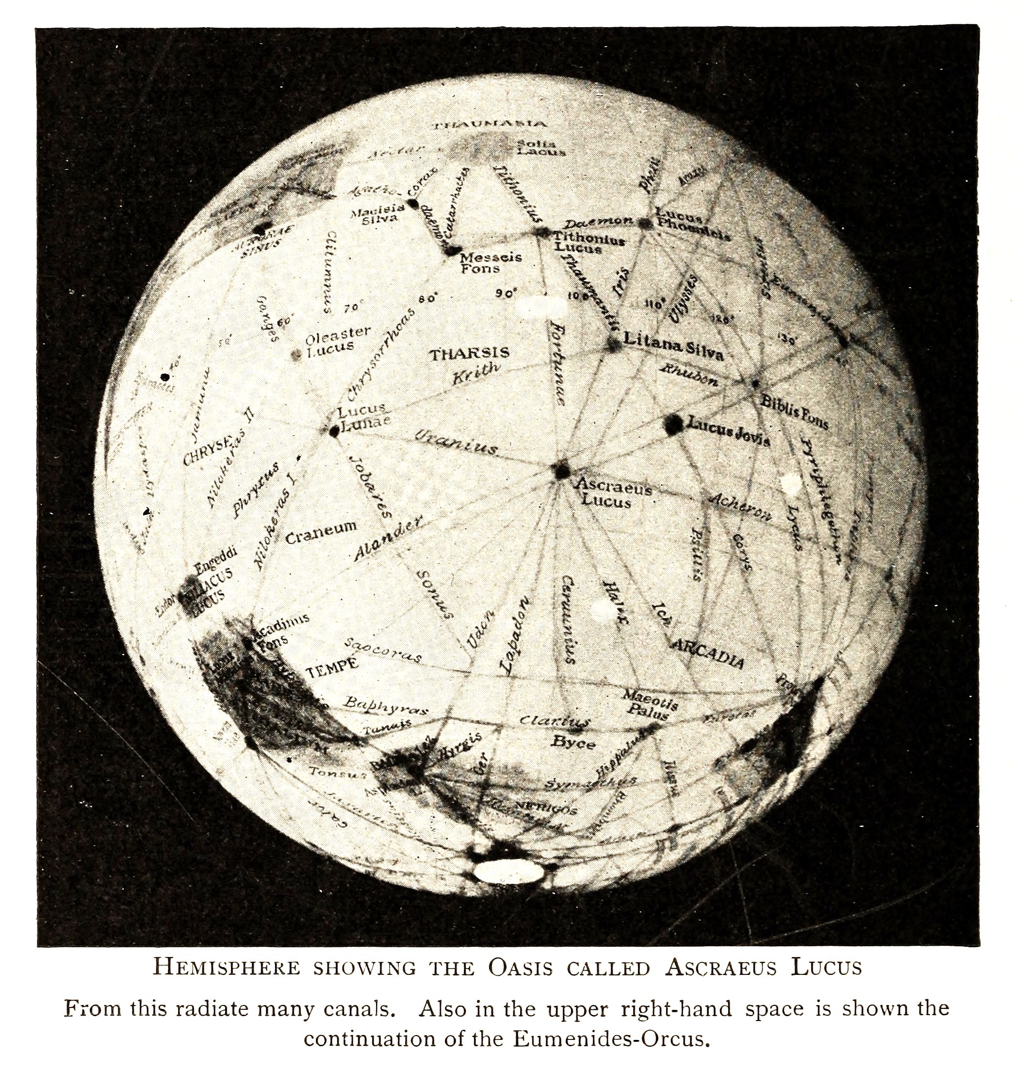 Vintage illustration of a hemisphere of Mars with a network of canals and place names.
