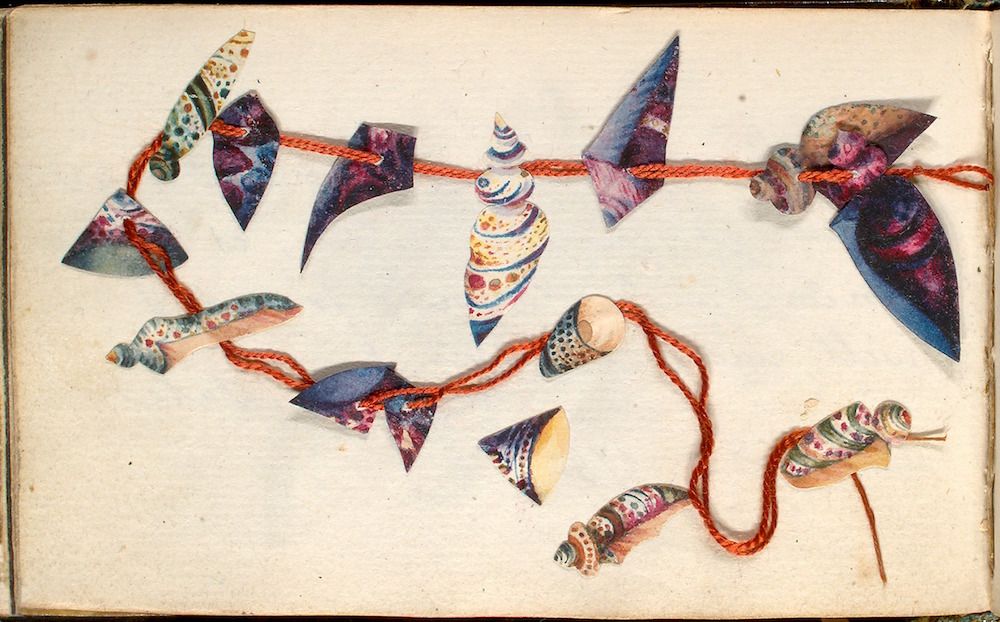 Watercolor painting of a string of shell beads.