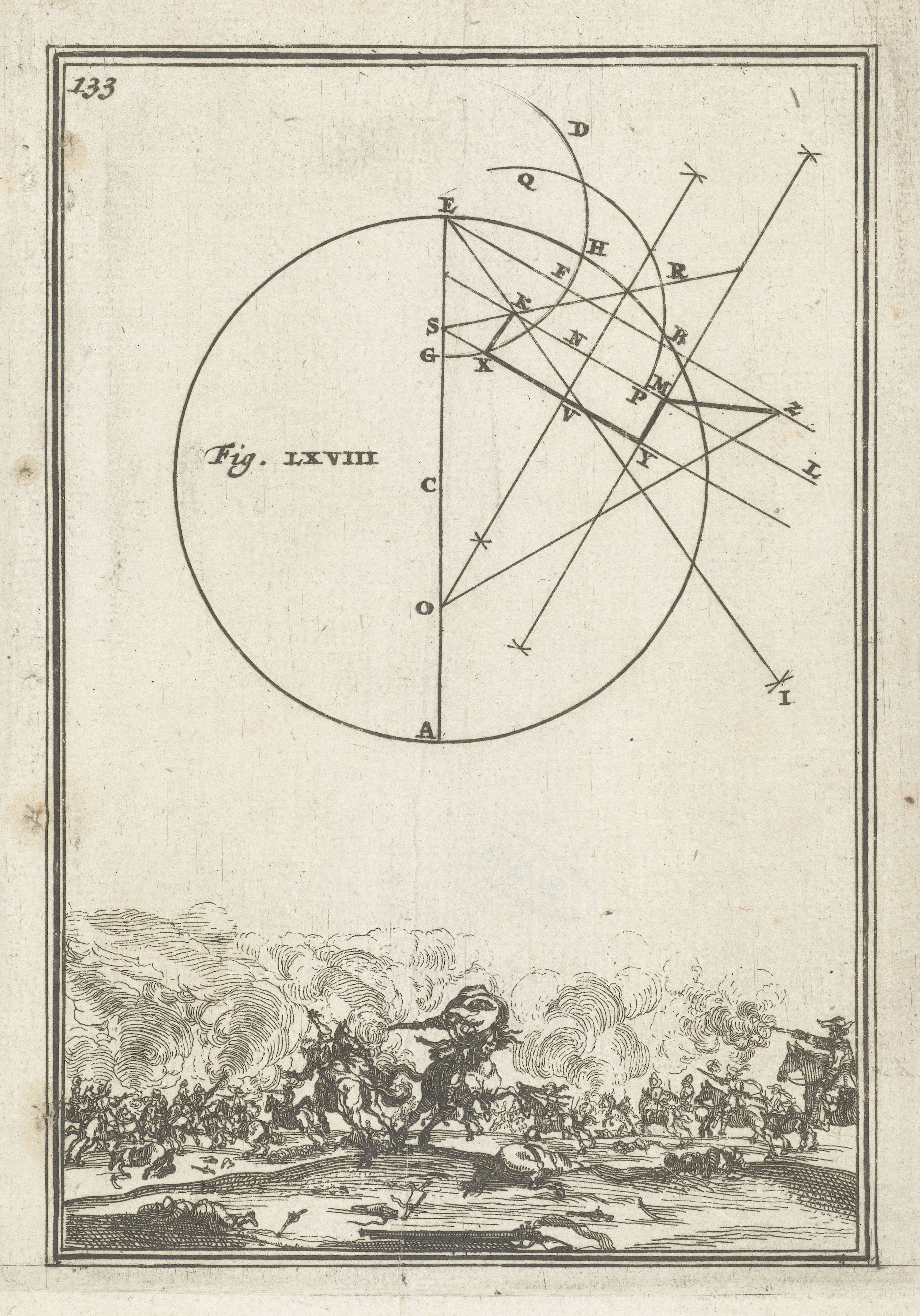 Vintage illustration of a geometric diagram above a naval battle scene.