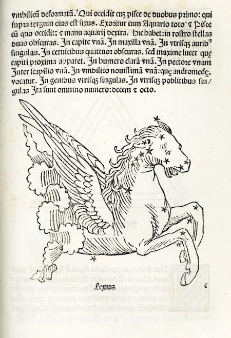A black and white woodcut illustration of a nude, winged human figure covered in stars, labeled 'Equus' at the bottom, surrounded by dense text.
