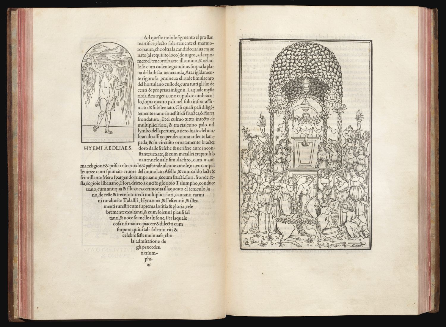 Open book page with an illustration of a classical scene and surrounding text.