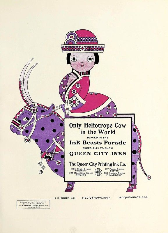 Vintage advertisement featuring a purple and white cow in a parade, promoting Queen City Inks.