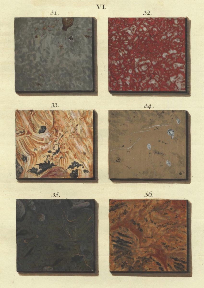 A vintage illustration of six different book covers, labeled 31 through 36, showcasing various marbling patterns and textures on a pale yellow background.