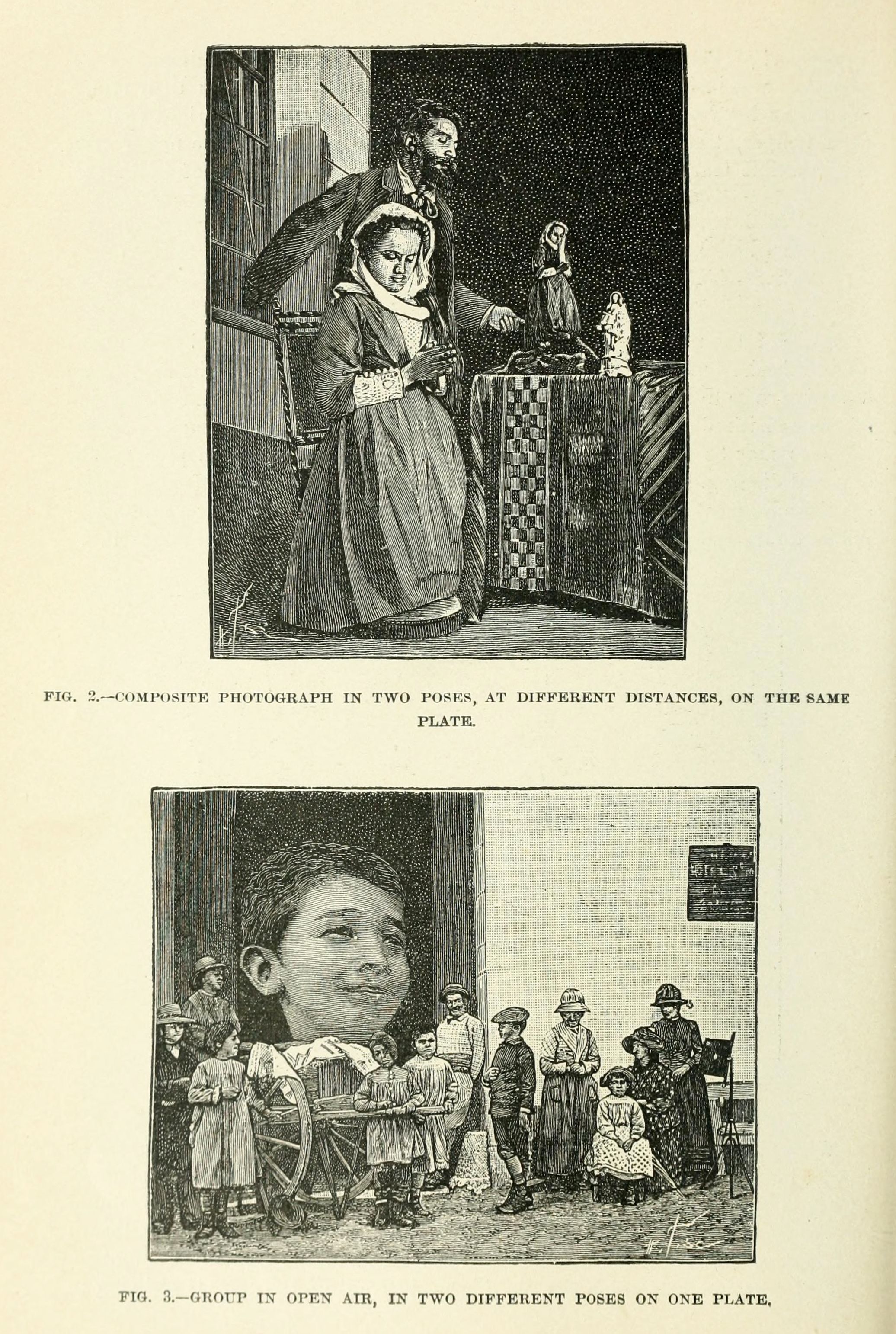 Two vintage photographs presented as engravings. The top photograph depicts a man and a woman in a formal setting, operating a complex apparatus. The bottom photograph shows a group of people outdoors, with a young boy in the foreground and a horse-drawn carriage in the background.