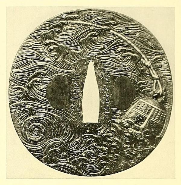 A detailed black and white image of a Japanese tsuba with waves, a boat, and a dragon.