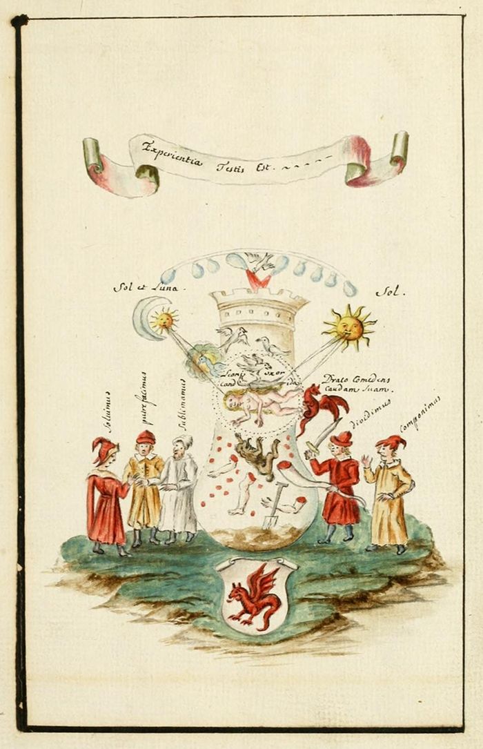 Vintage illustration of a coat of arms with a red dragon, surrounded by figures in historical clothing and a landscape.