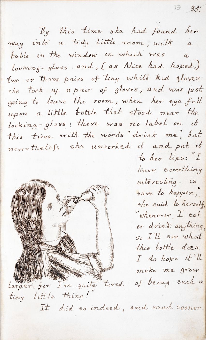 A vintage book page with a black and white illustration of a girl drinking from a bottle, accompanied by handwritten text.