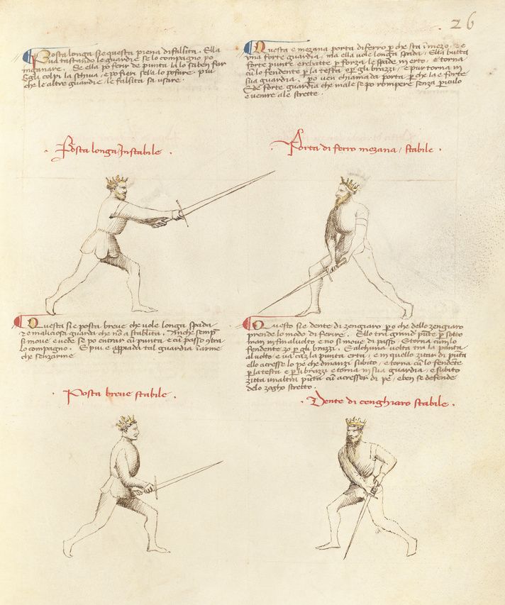 A page from a medieval manuscript with four drawings of armored men demonstrating fighting stances with swords, spears, and shields. The drawings are in a simple, linear style with text labels in an old script.