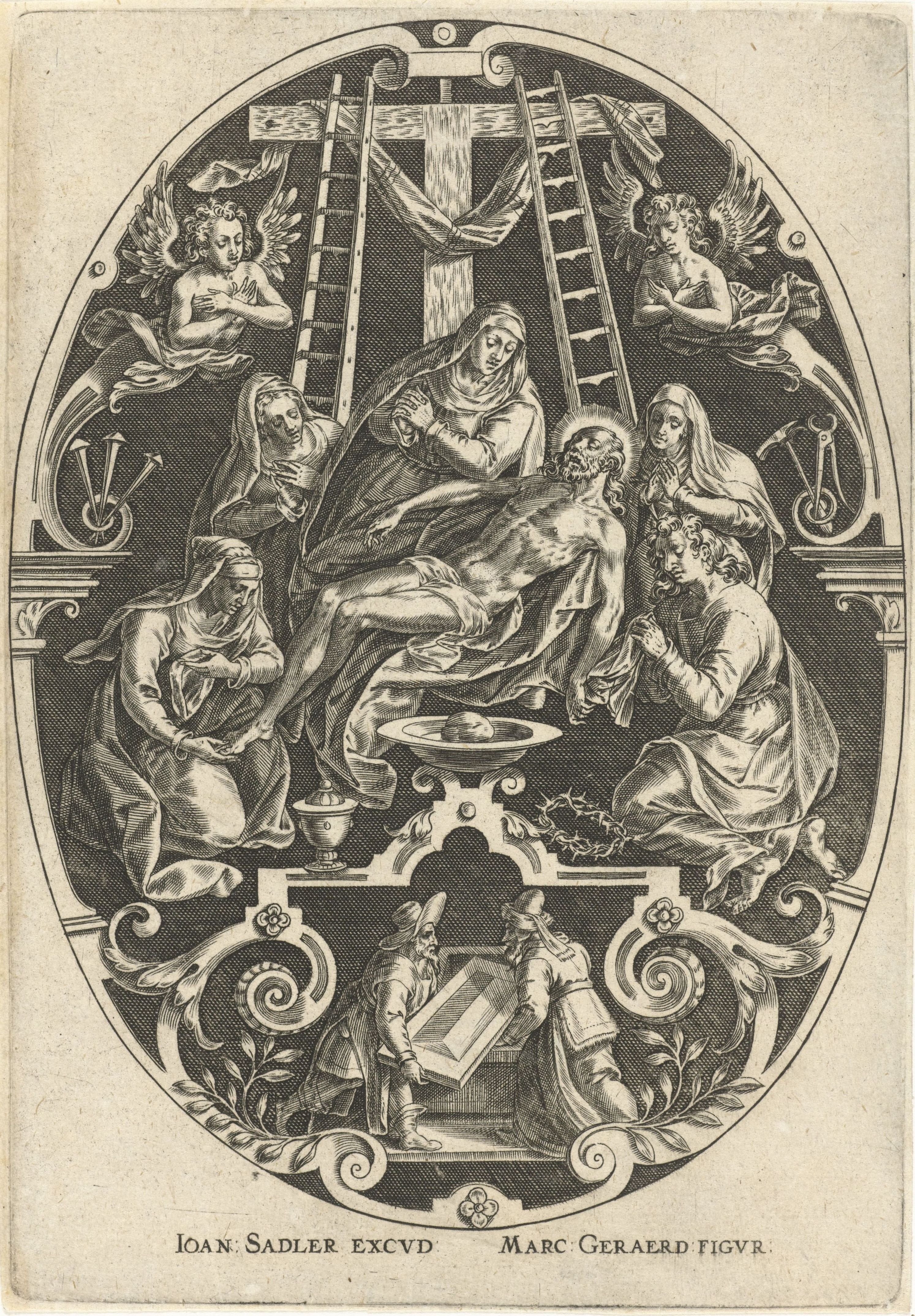 A detailed engraving depicting a religious scene, likely the Deposition from the Cross or a Lamentation. The composition is oval-shaped, framed by an ornate, scrolling design.