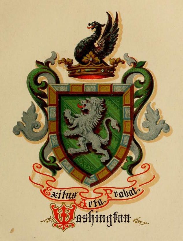 Vintage coat of arms featuring a green shield with a silver lion, topped by a golden crown and a black phoenix, with a scroll reading 'Exitus Acto Probat' and the word 'Washington' below.