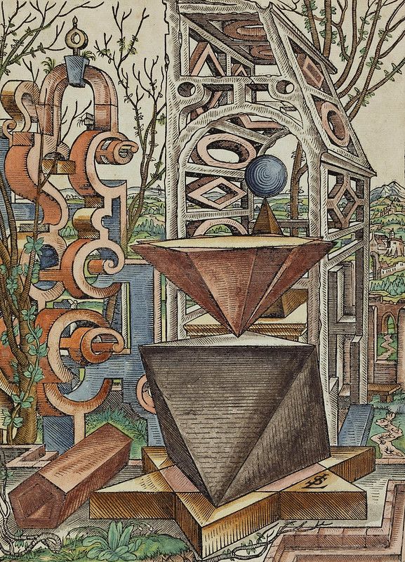 A detailed, colorful illustration reminiscent of a medieval manuscript illumination. It features a large, ornate initial letter, likely the beginning of a chapter or section. The initial is filled with intricate, swirling patterns in shades of orange, red, and blue, and is surrounded by green foliage and vines. Behind the initial is a complex architectural structure resembling a tower or a fantastical building. It's constructed with a network of arches, columns, and geometric shapes, and appears to be partially open, revealing a blue sphere within. The tower is decorated with patterns and has a somewhat whimsical, dreamlike quality. In the foreground, there's a series of stacked geometric shapes, primarily in shades of red and black. These shapes create a sense of depth and perspective, and they seem to be supporting or interacting with the tower. The base of the composition is covered in green foliage, suggesting a natural setting.