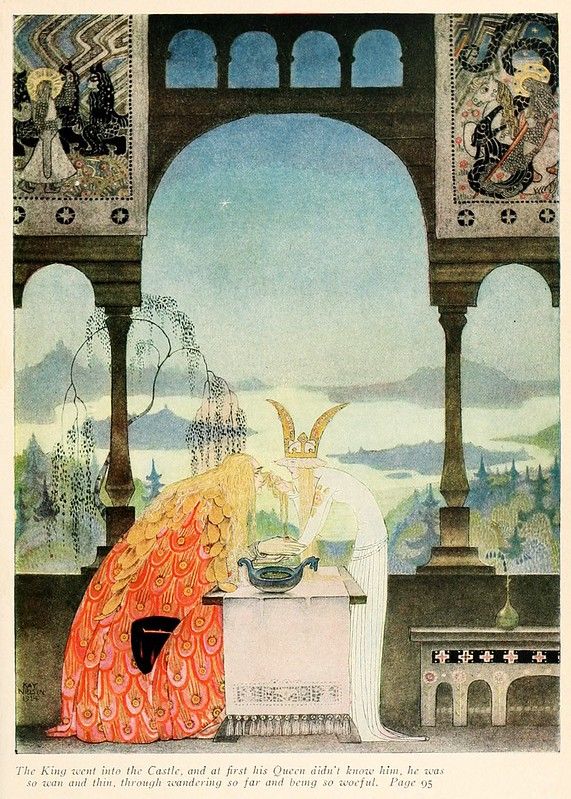 A vintage illustration of a gaunt king reaching out to a queen in a castle, with a distant landscape visible through an archway.