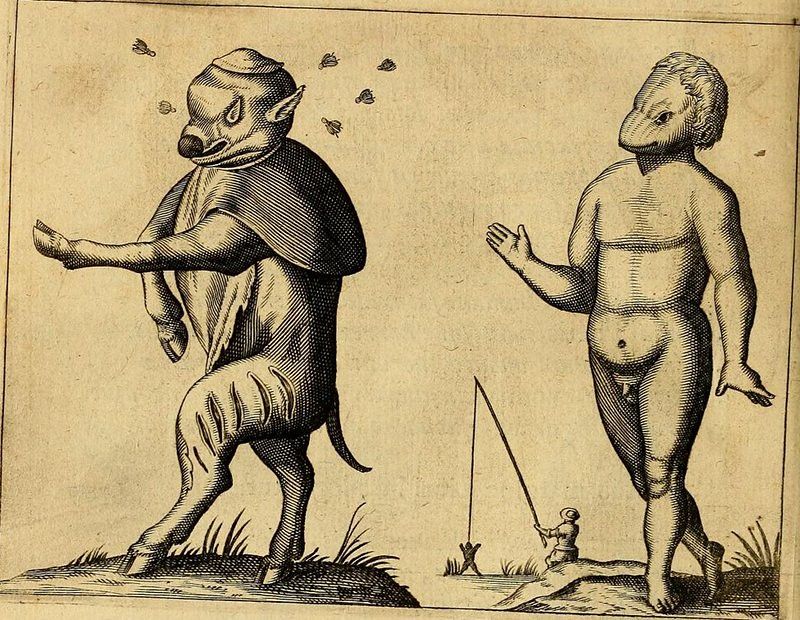 Vintage engraving of two fantastical humanoid creatures, one with a pig's head and the other with a large head, standing on grass with a gallows-like structure in the background.