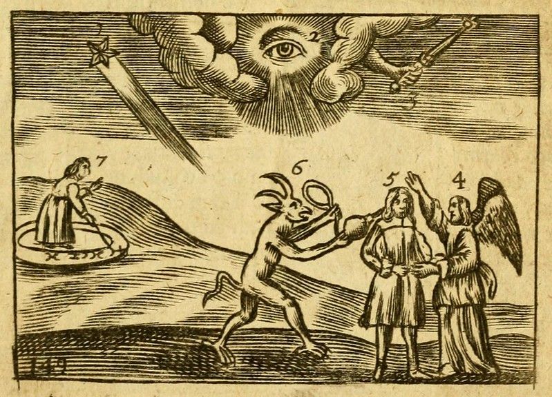 A black and white woodcut illustration depicting a spiritual struggle between an angel, a demon, and a human, with a divine eye and sword in the sky.
