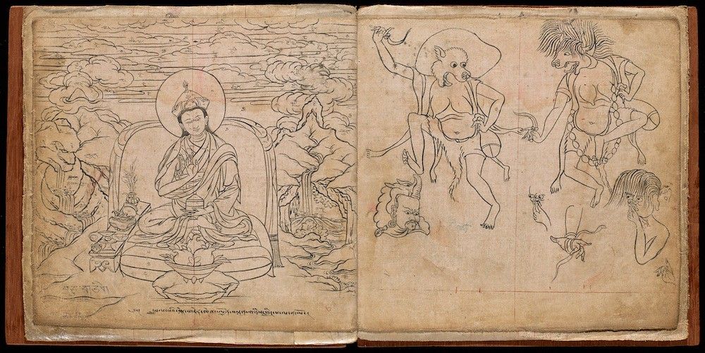 Open-page illustration from a manuscript with detailed black line drawings of Buddhist deities and figures.