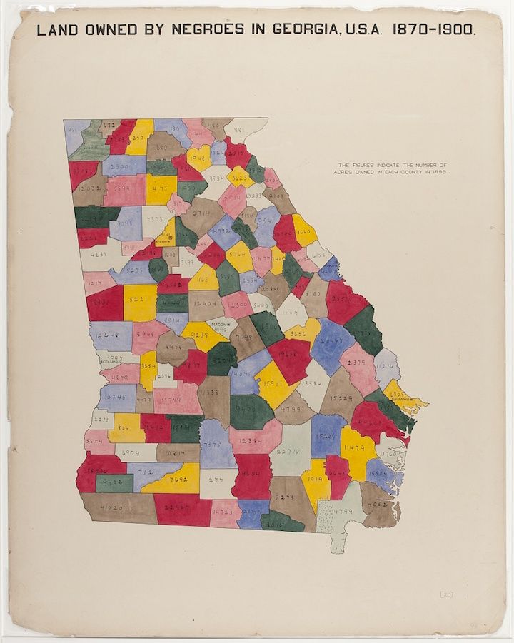 Vintage map of Georgia showing land ownership by African Americans from 1870-1900, with each county colored and labeled with the number of acres owned.