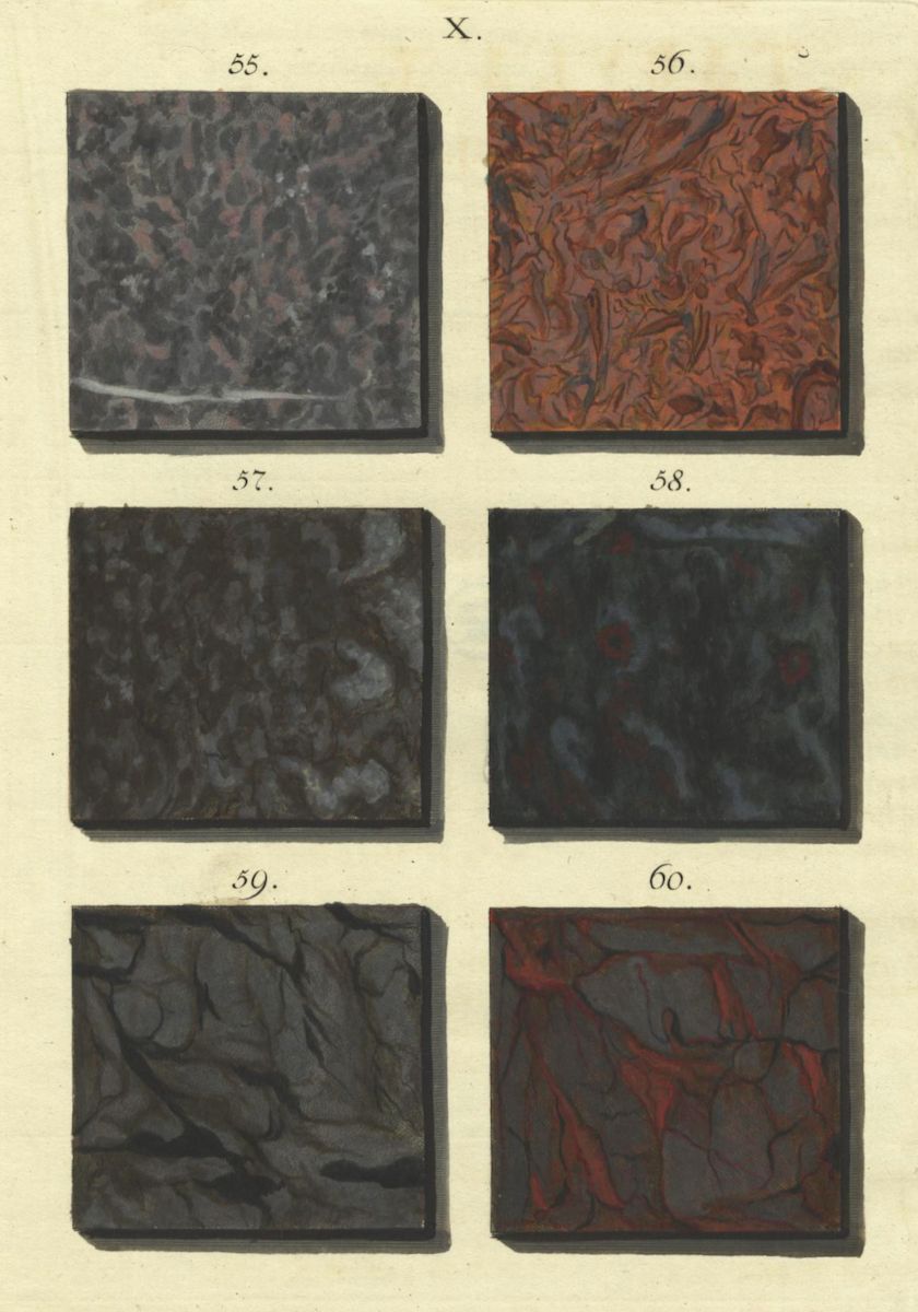 Vintage illustration of six marbled paper patterns numbered 55 to 60, featuring swirling designs in shades of black, brown, and red on a beige background.