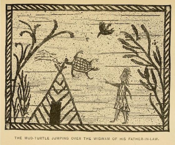 A vintage illustration of a turtle jumping over a wigwam, with a person watching and a bird flying above. The scene is surrounded by stylized trees.