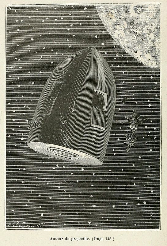 Vintage illustration of a spacecraft and astronaut in space with a crescent moon and stars.