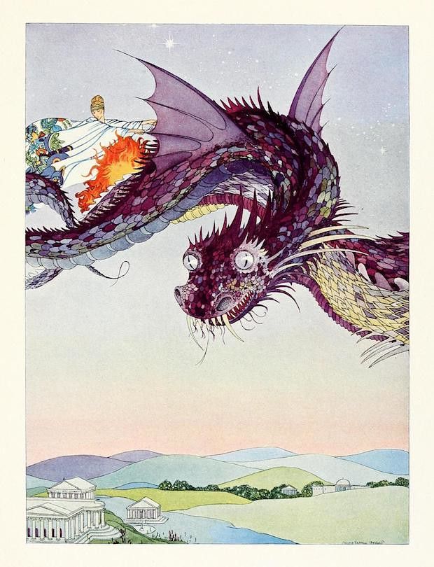 Vintage illustration of a knight battling a dragon over a classical landscape.