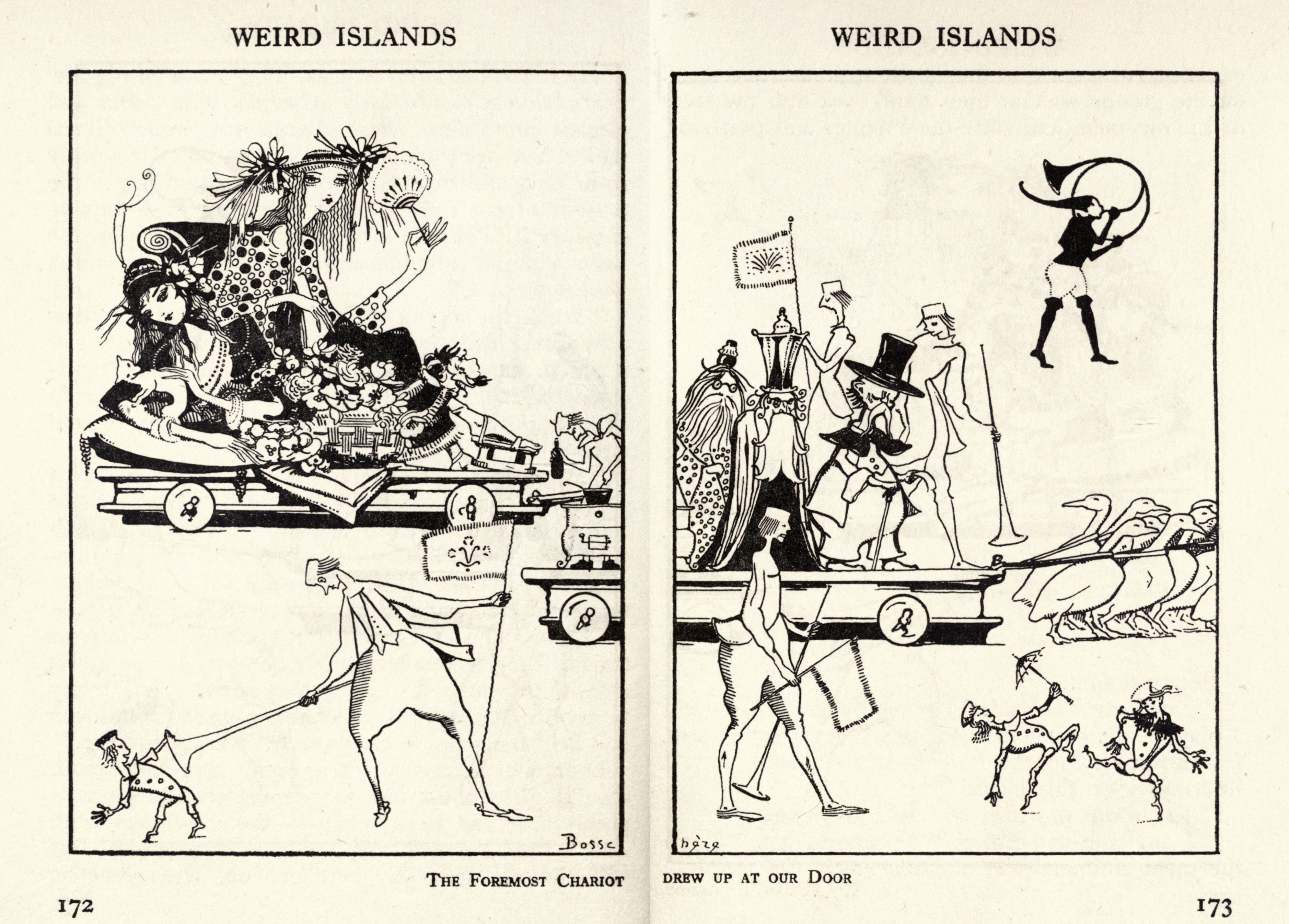 A black and white illustration divided into two panels, labeled "The Foremost Chariot" and "Drew Up At Our Door". The style is reminiscent of early 20th-century cartooning, with exaggerated features and whimsical details.