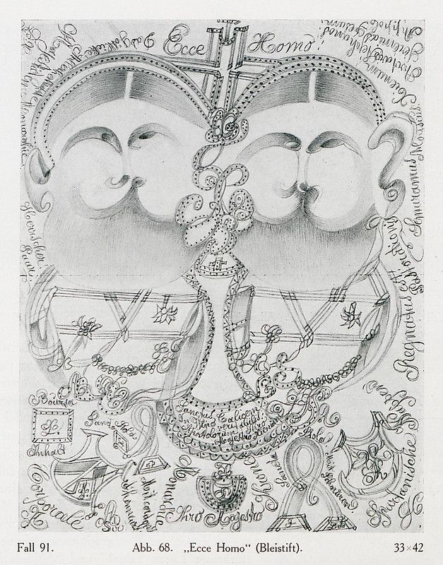 A black and white drawing titled "Ecce Homo" (Bleistift) depicting a man wearing a crown of thorns, surrounded by ornate patterns and text.