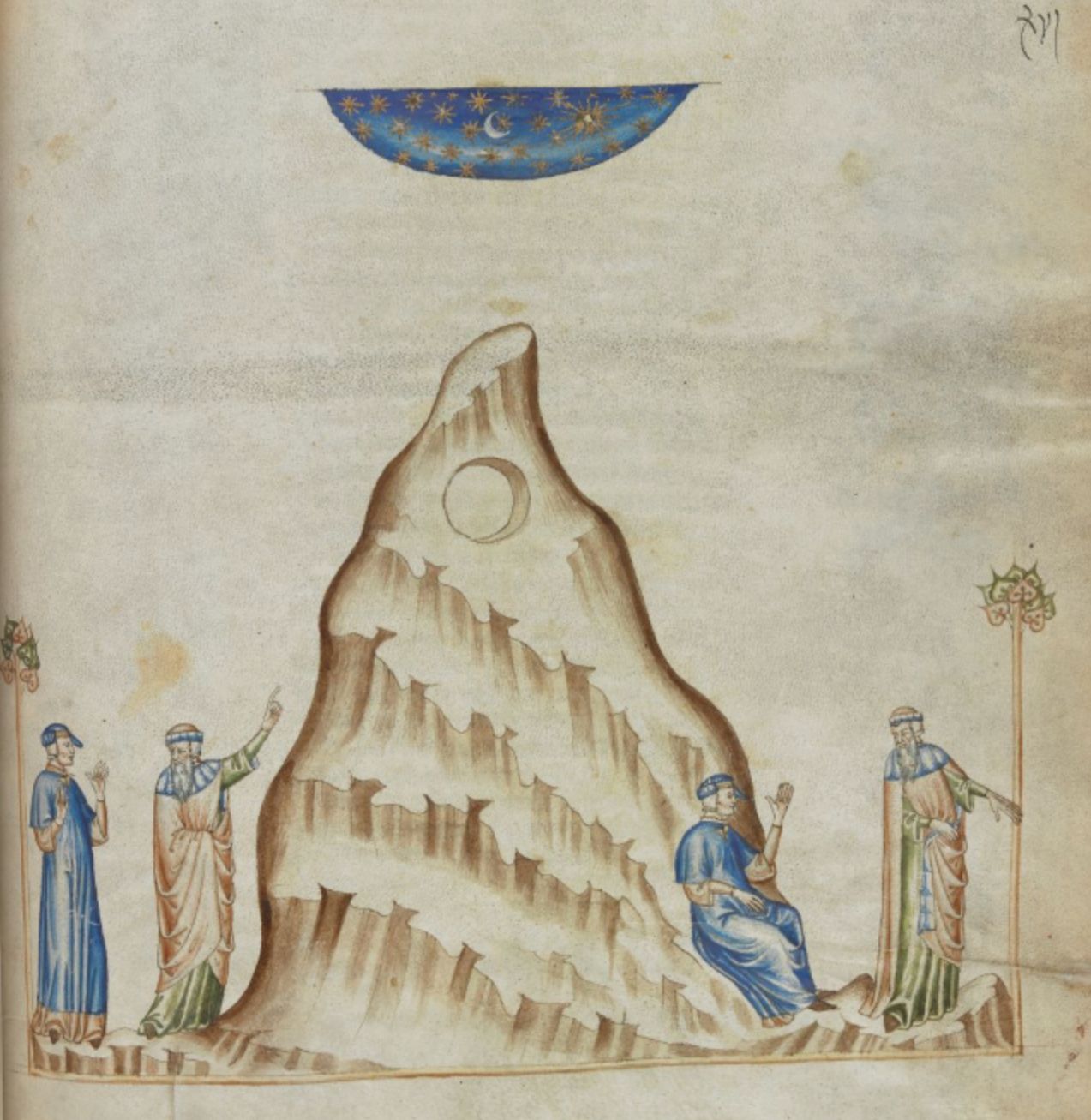 Medieval manuscript illustration of a mountain with a moon embedded in its peak, surrounded by four figures.