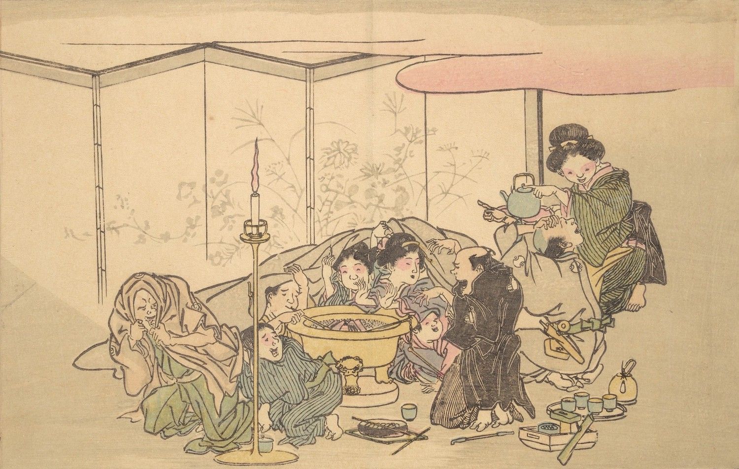 Vintage illustration of a Japanese domestic scene with people gathered around a table.