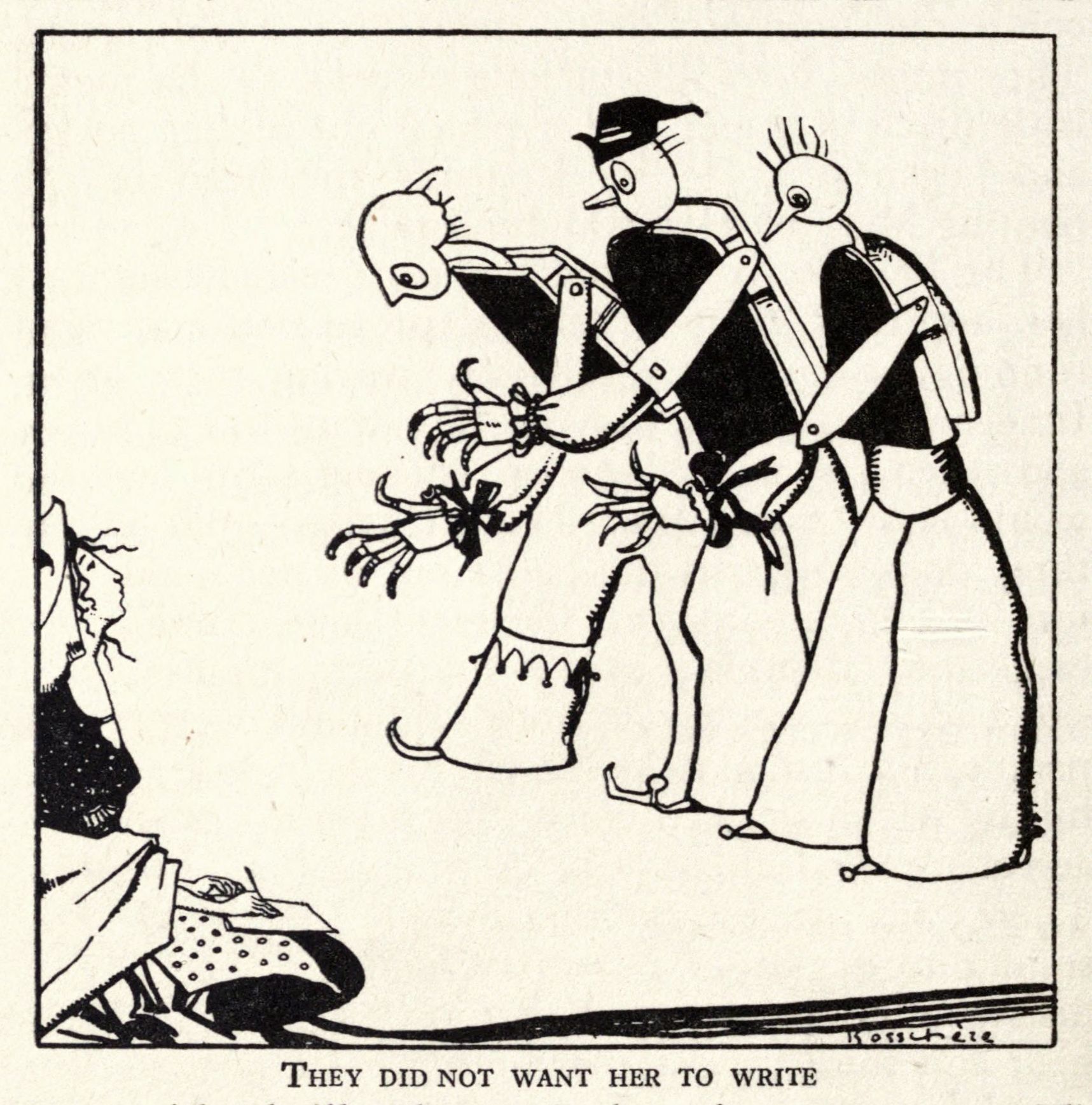A black and white cartoon depicting a woman being restrained by two tall, angular figures. The caption reads: "They did not want her to write."