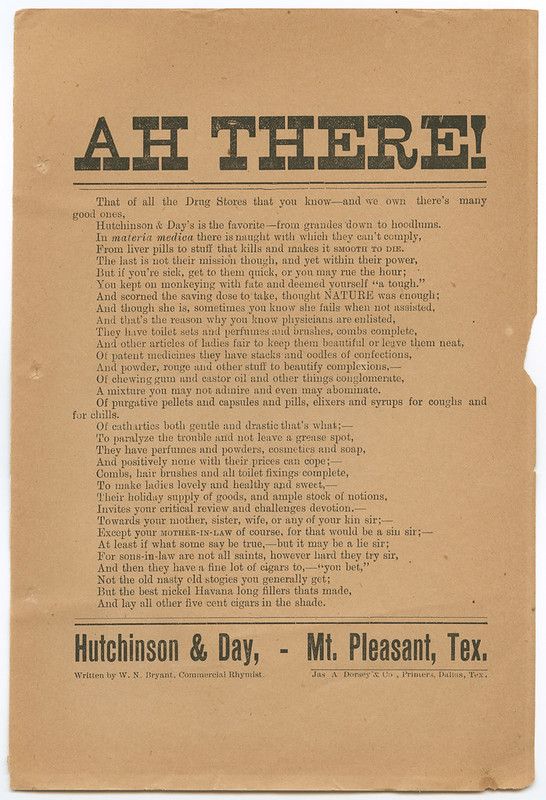 Vintage advertisement for Hutchinson & Day drug store in Mt. Pleasant, Texas, featuring a rhyming poem listing the store's goods.