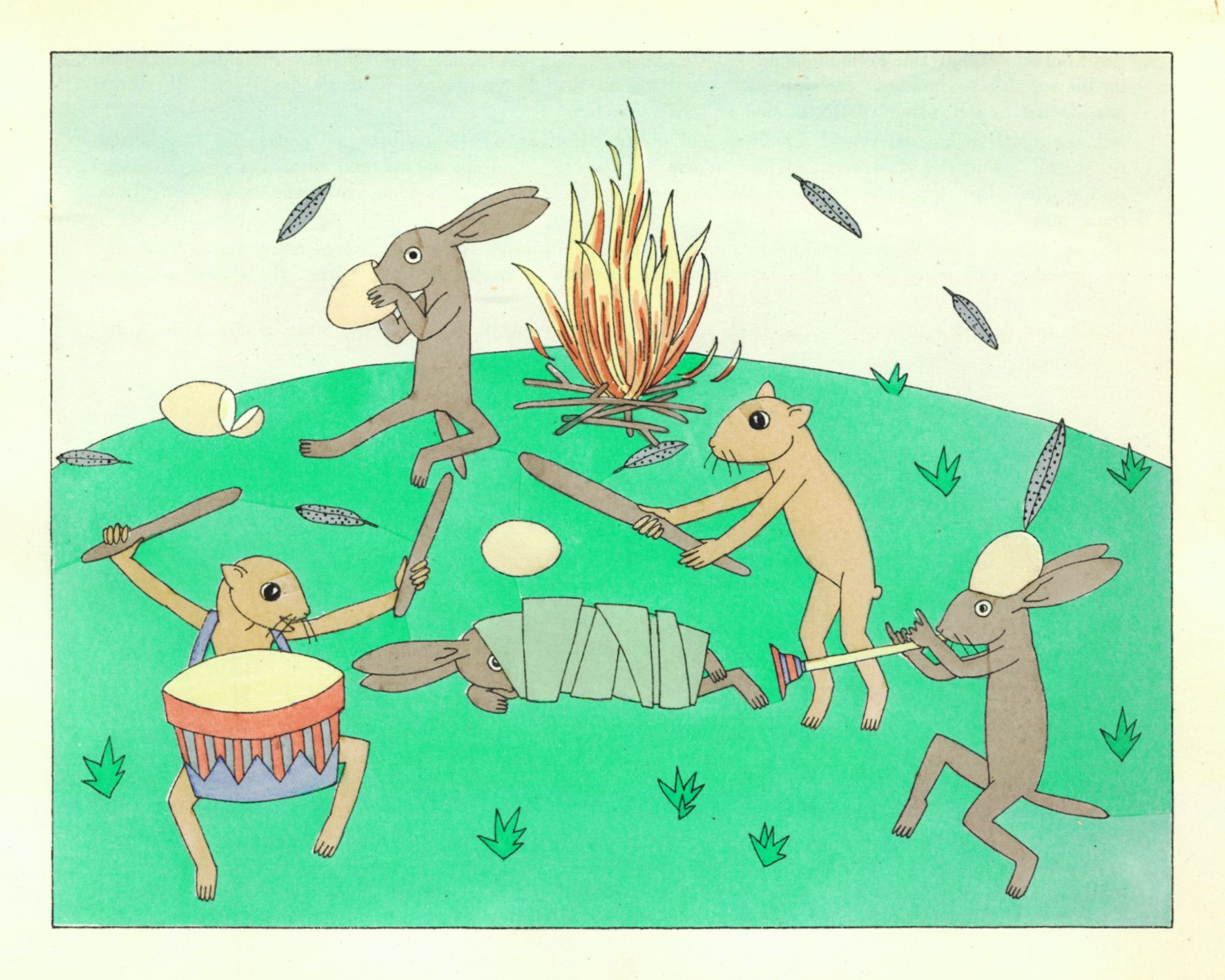 A whimsical illustration of hares celebrating around a campfire.