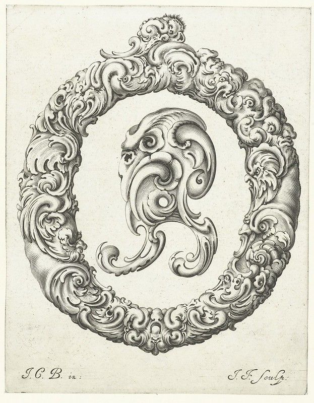 A black and white engraving of an ornate, circular design with intricate scrolls, leaves, and floral motifs.