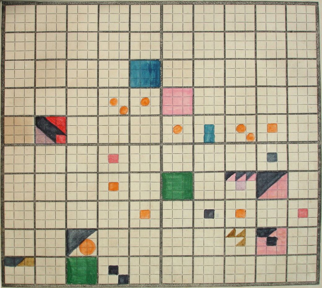A grid with colored squares scattered throughout.