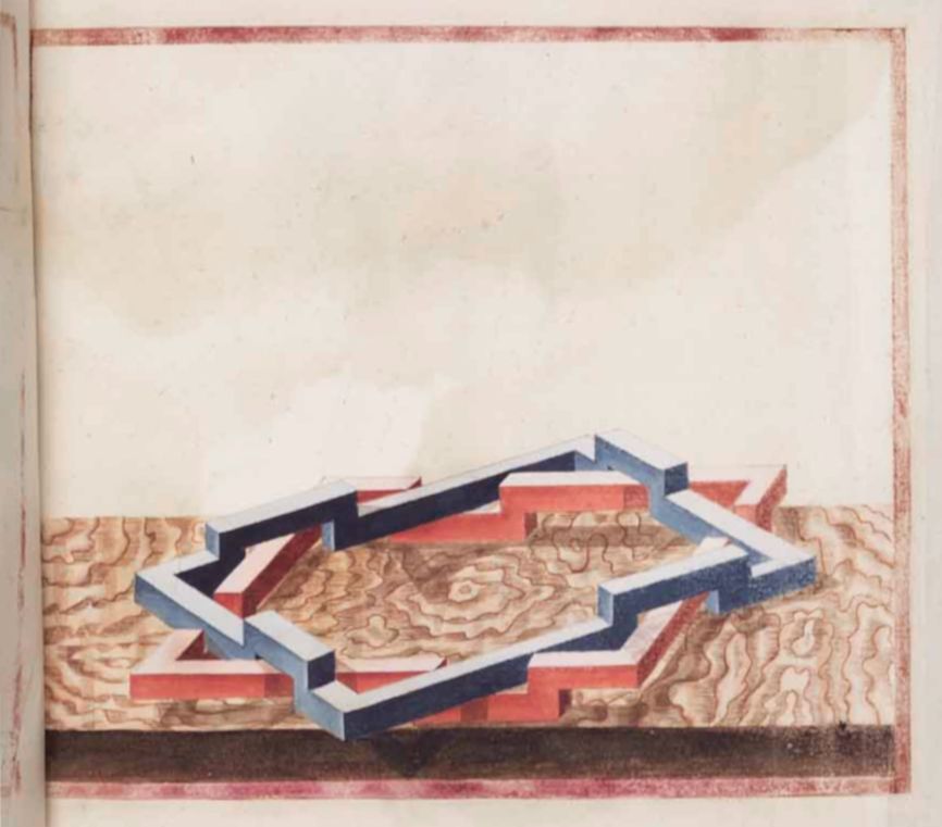 Vintage illustration of a star-shaped fortress with light blue walls and a reddish-brown inner structure, set on a textured brown ground.