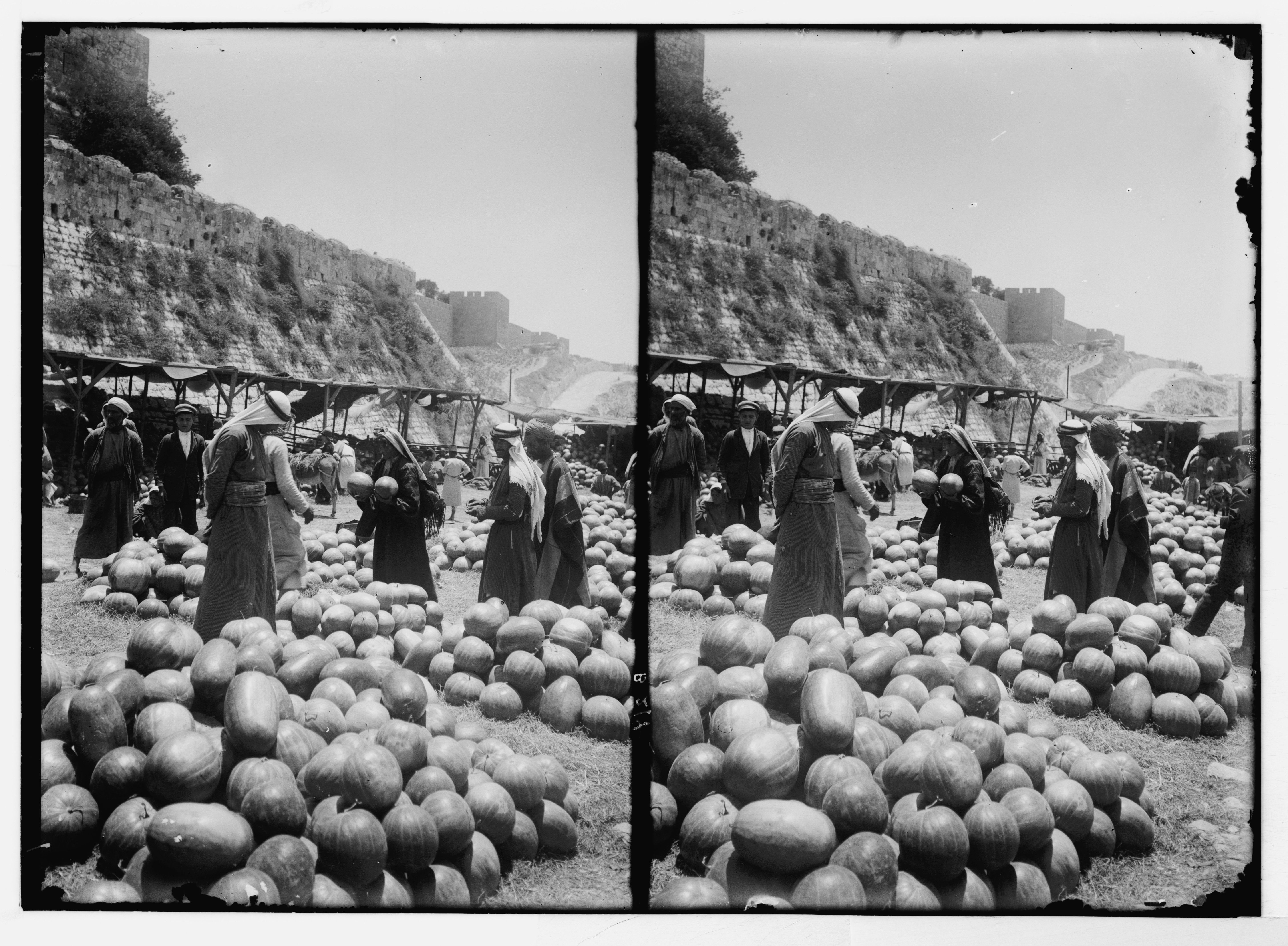 Stereoscopic photograph of a pumpkin market with people among piles of pumpkins and a stone wall in the background.