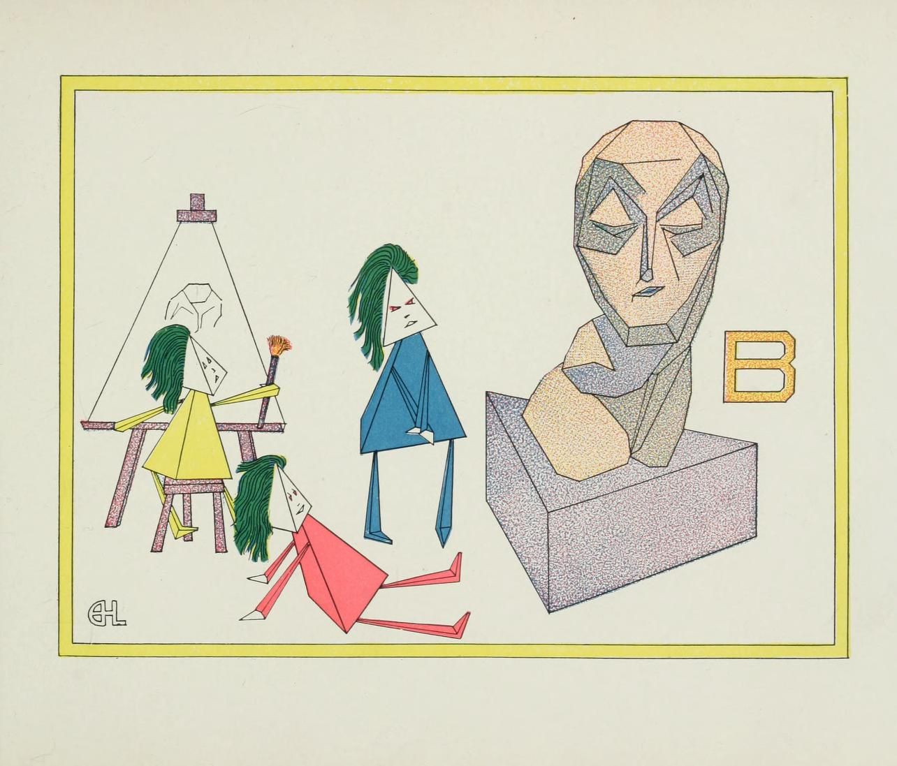 A colorful, geometric illustration reminiscent of Cubist or Modern art. It features several stylized figures and a sculpture, all rendered with bold lines and flat planes of color.