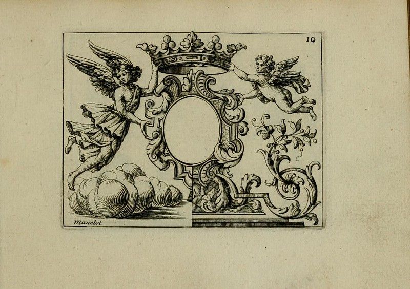A black and white engraving of an ornate frame held by cherubs, with clouds and floral motifs, and the number '10' in the top right corner.