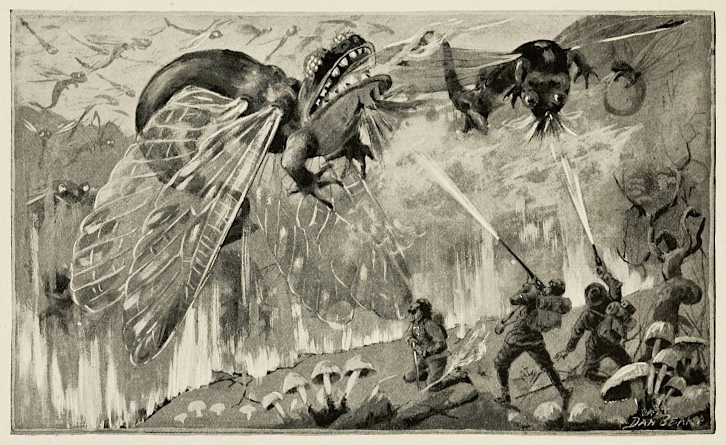 Black and white illustration of a group of people fighting giant insects in a rocky landscape.