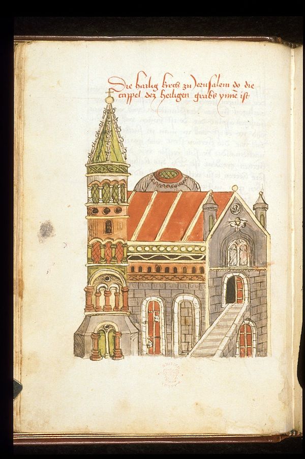 A medieval illustration of a building with a tower, red roof, and arched windows, with German text above.