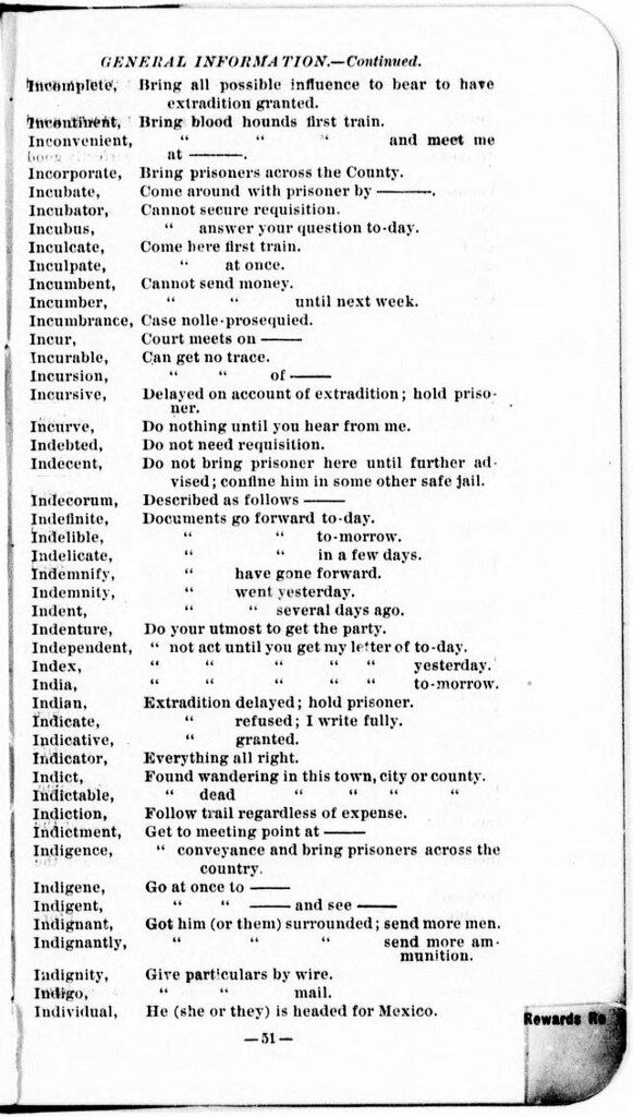 A page from a historical document titled "GENERAL INFORMATION - Continued", listing words with definitions or instructions.